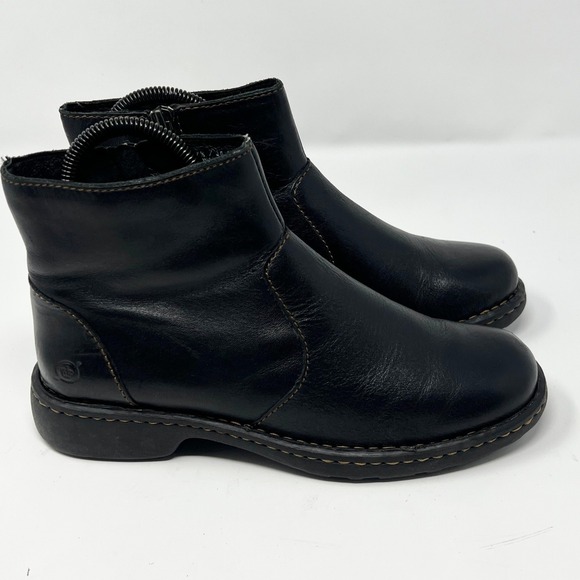 Born Shoes - Born Rani Boots Womens Size 8 Black Leather Pull On Ankle Booties Zip Low Heel
